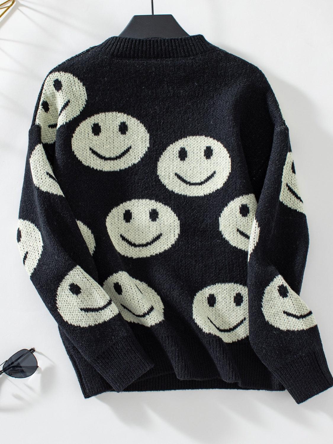 Sweater Smile Pattern Round Neck Long Sleeve Knitwear 24f1284f-71fb-4a68-ada9-e4b74fbd540e-Max Trendsi