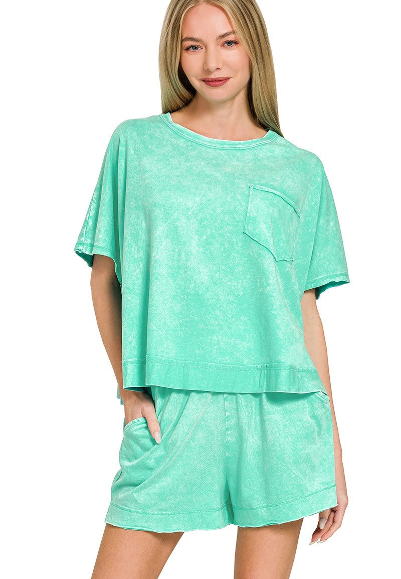Zenana Acid Washed Oversized Top & Shorts Set