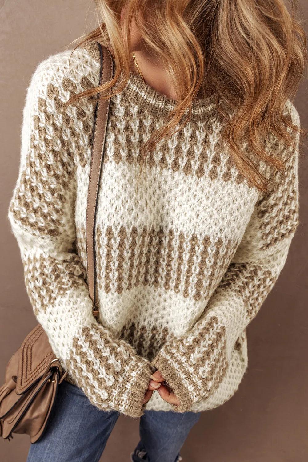 Striped Sweater Round Neck Dropped Shoulder Long Sleeve Knitwear 24f8dbb0-edcb-49e0-a6e7-25fb4b12ba8e-Max Trendsi