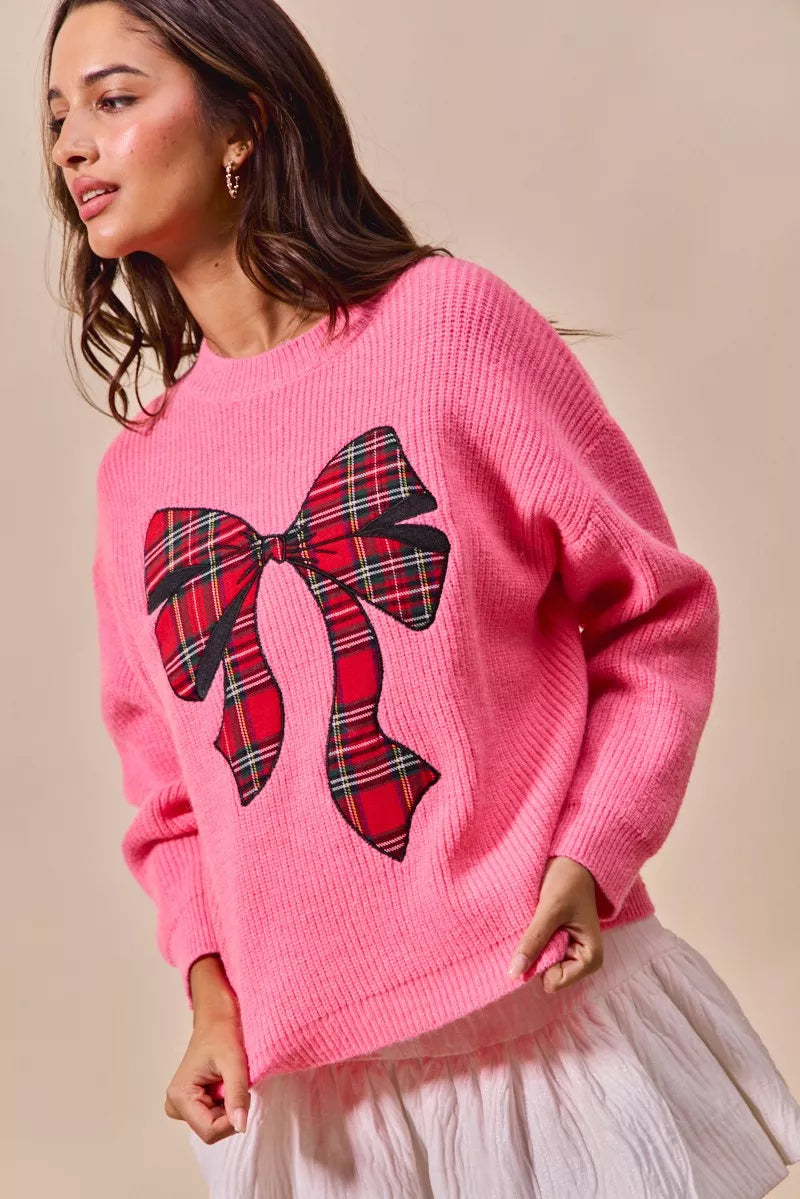 SO ME Womens Christmas Holiday Sweater Pink with Checker Plaid Ribbon 24fc07b604824505aec5ffcfd0030ff7-Max-Origin Trendsi