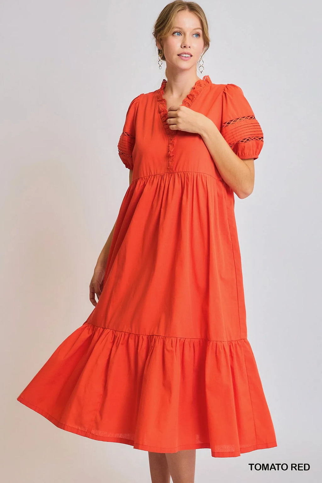 Umgee Midi Dress Red Short Puff Sleeve Lace-Trim Ruffled TOMATO RED 2505ec5e-4f23-4193-ba41-c9fe3e146bdf-Max-Origin Trendsi