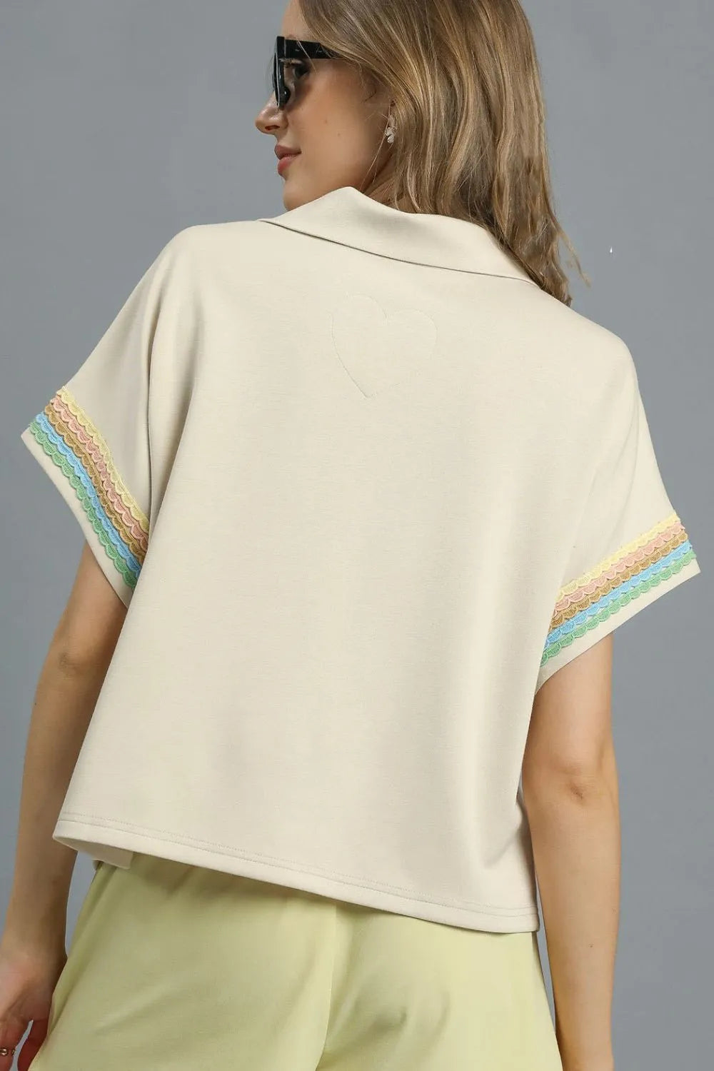 Umgee Blouse Beige Contrast Trim Half Zip Collared Short Sleeve Top 2508c13c-c61c-448c-a975-25b9c2b08d68-Max-Origin Trendsi