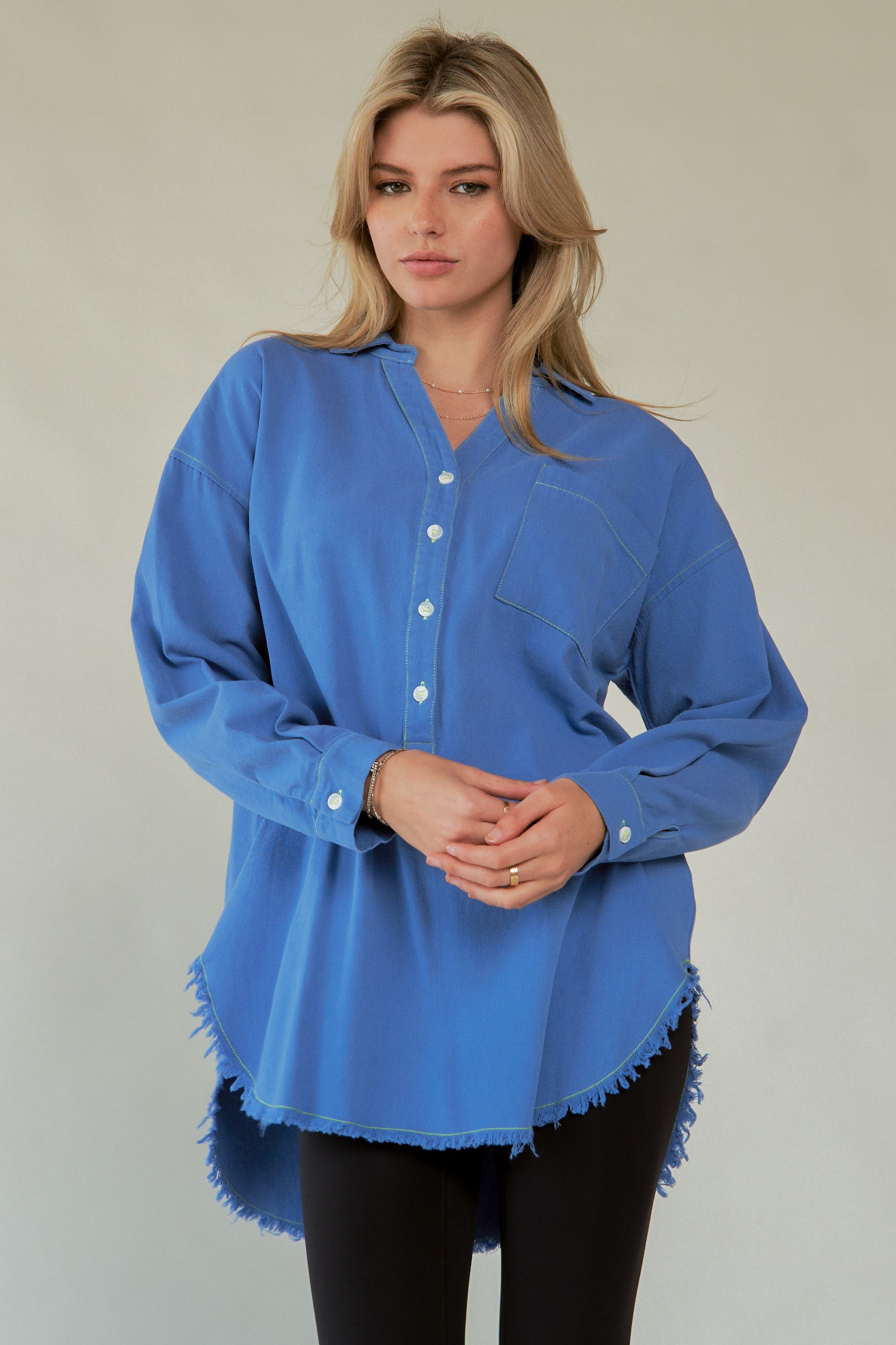 Davi & Dani USA Blue Shirt AMOR Letter Cotton Back Raw Hem Half Button 25136e2e-40fc-44e4-a846-b15e37af9a6d-Max Trendsi