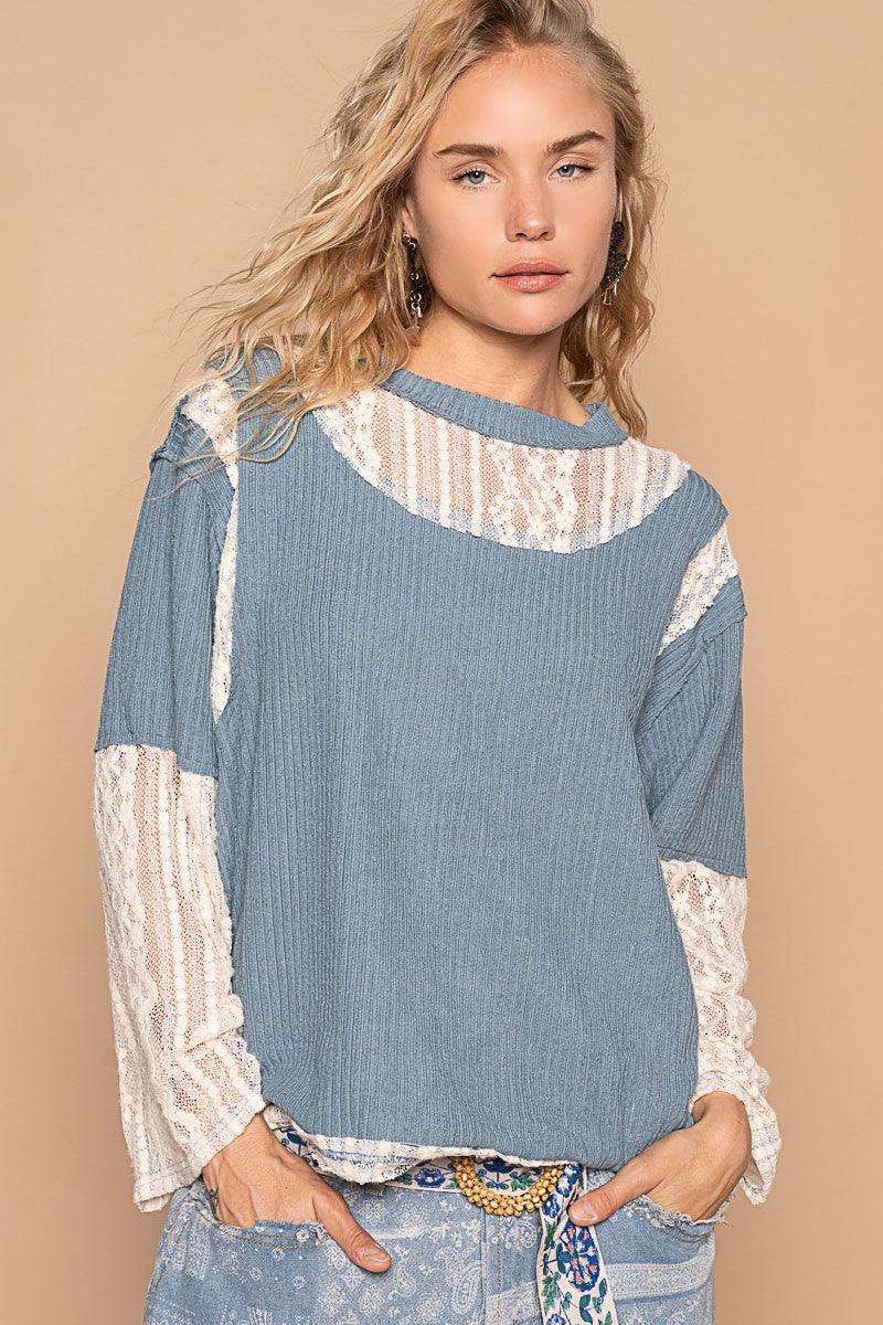 POL Women Blouse Ribbed Lace Panel Round Neck Long Sleeve Top