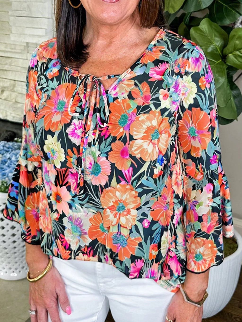 Women's Blouse Floral 3/4 Flare Sleeve Tied Neck Floral 251dfd2a1d1d43fca6c5b56a96ded7a9-Max-Origin Trendsi