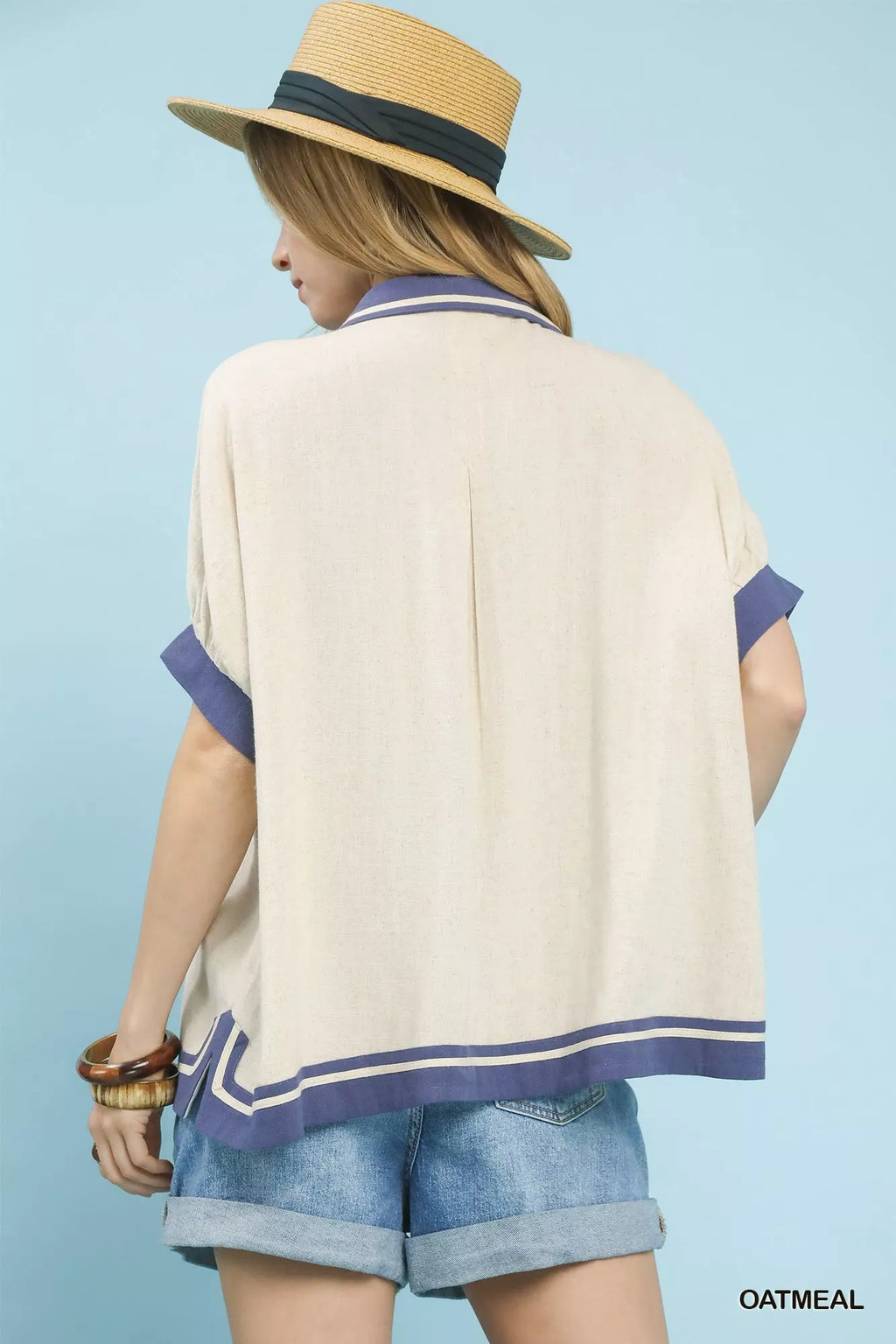 Umgee Linen Blouse Button Front Top with Contrast Piping Short Sleeve 2521c8d1-fc1b-46a7-98a0-8138d56ce1dc-Max-Origin Trendsi