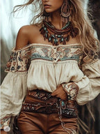 Off-Shoulder Long Sleeve Buttoned Embroidered Blouse, 100% Polyester