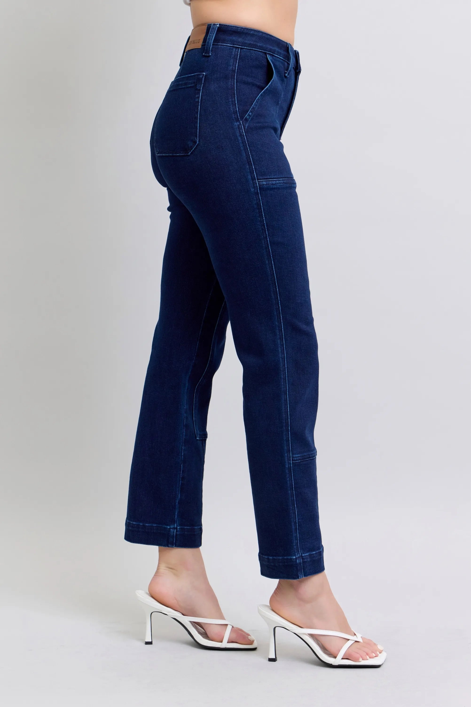 Judy Blue Straight Jeans High Waist Rivet Work Wear Knee Patch Dark Wash 252e761cb4194425855f72993b995928-Max-Origin Trendsi