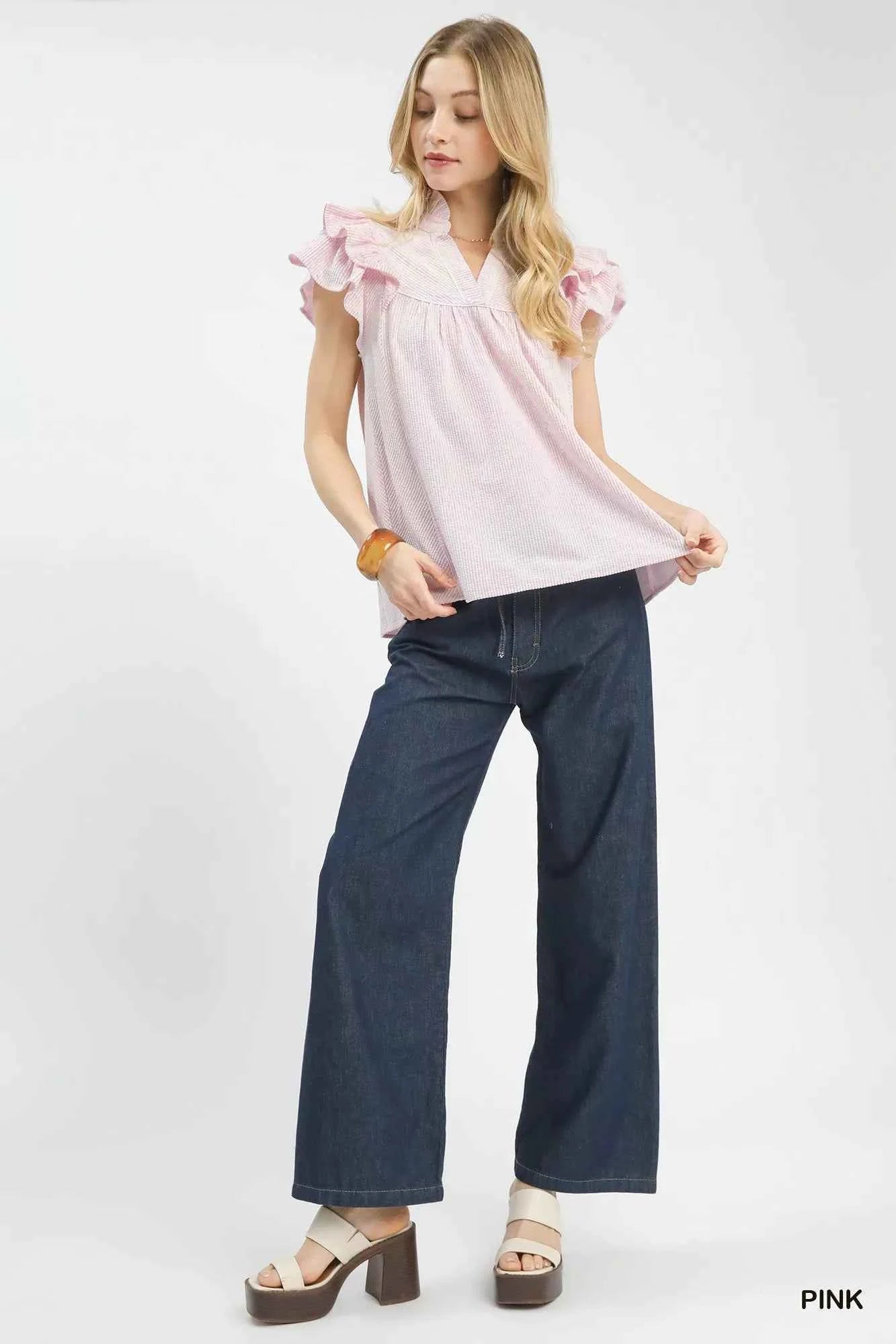 Umgee Blouse Textured Pink Ruffled Sleeve Short Sleeve Top 25441cb5-b4c9-4d19-8b1a-35cee5a53b06-Max-Origin Trendsi