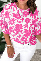 Women's Blouse Floral Print Hot Pink Short Sleeve Casual Top 255875b9-e732-45fb-9b36-397e56faaa38-Max-Origin Trendsi