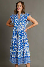 Umgee Midi Dress Floral Blue Two Tone Border Print Ruffle Cap Short Sleeve Blue 25634c75-56e5-411b-82d3-ff615d579cc8-Max Trendsi