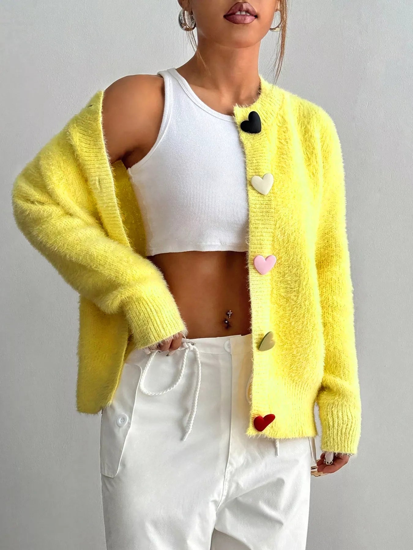 Women's Cardigan Yellow Soft Fuzzy Heart Button Long Sleeve 25645201-f21f-4ebf-85df-8ceba618f23b-Max-Origin Trendsi