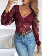 Lace Long Sleeve Bodysuit with Sheer Detail and Moderate Stretch