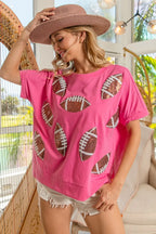 BiBi Women's Cotton T-shirt Game Day Sequins Patched Half Sleeves Top 2573e01283fb4046a285a82f9ce5d2d9-Max-Origin Trendsi