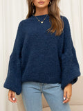 Women's Sweater Round Neck Dropped Shoulder Oversized Knit Pullover Navy Blue 257cbffb0bfc41f6ab2e0857dc263651-Max-Origin Trendsi