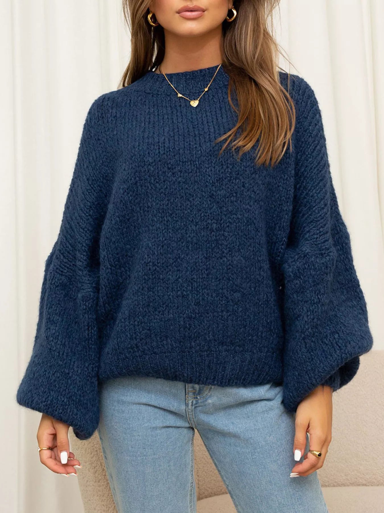 Women's Sweater Round Neck Dropped Shoulder Oversized Knit Pullover Navy Blue 257cbffb0bfc41f6ab2e0857dc263651-Max-Origin Trendsi