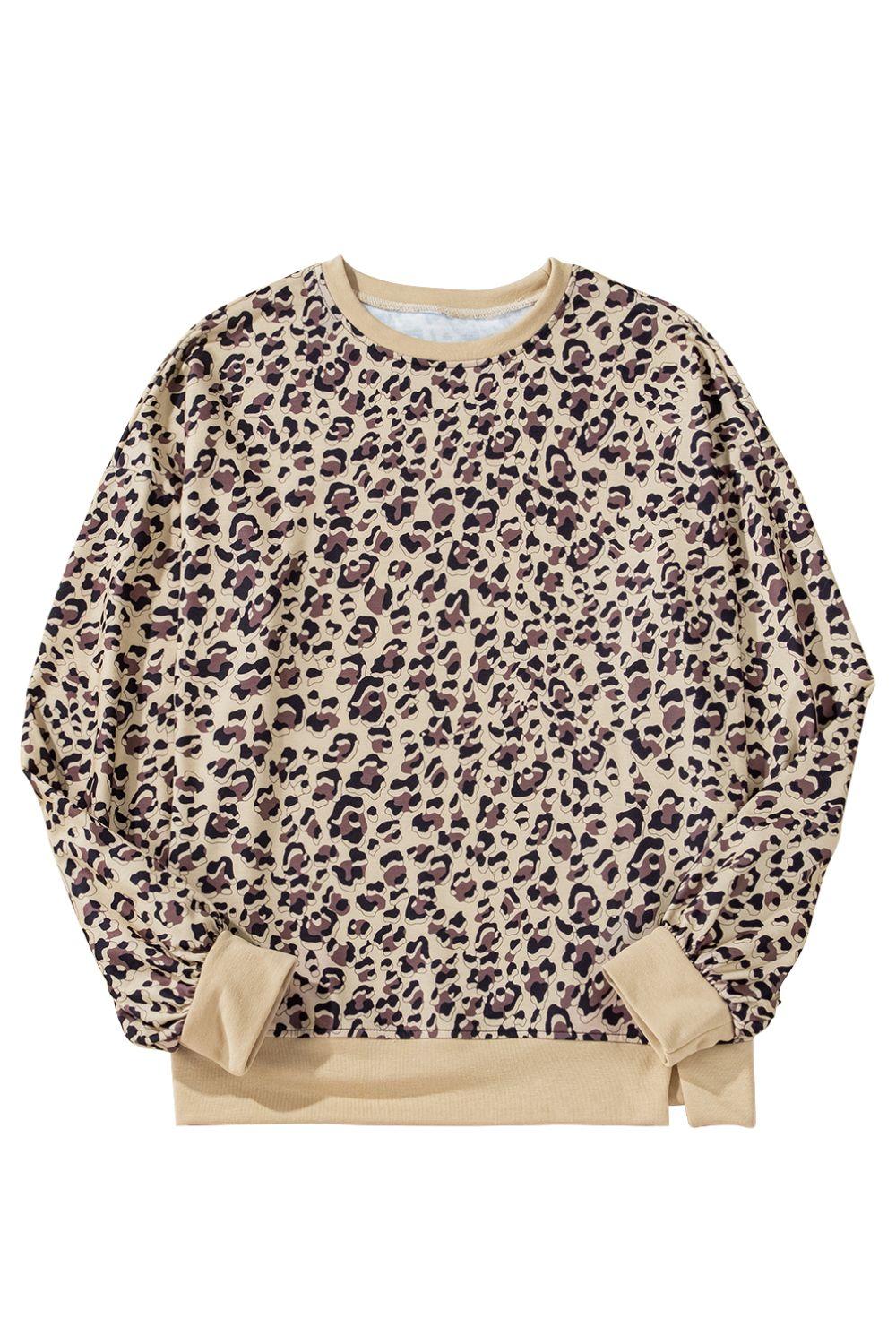 Leopard Sweatshirt Women's Oversized Long Sleeve Round Neck Side Slit Pullover