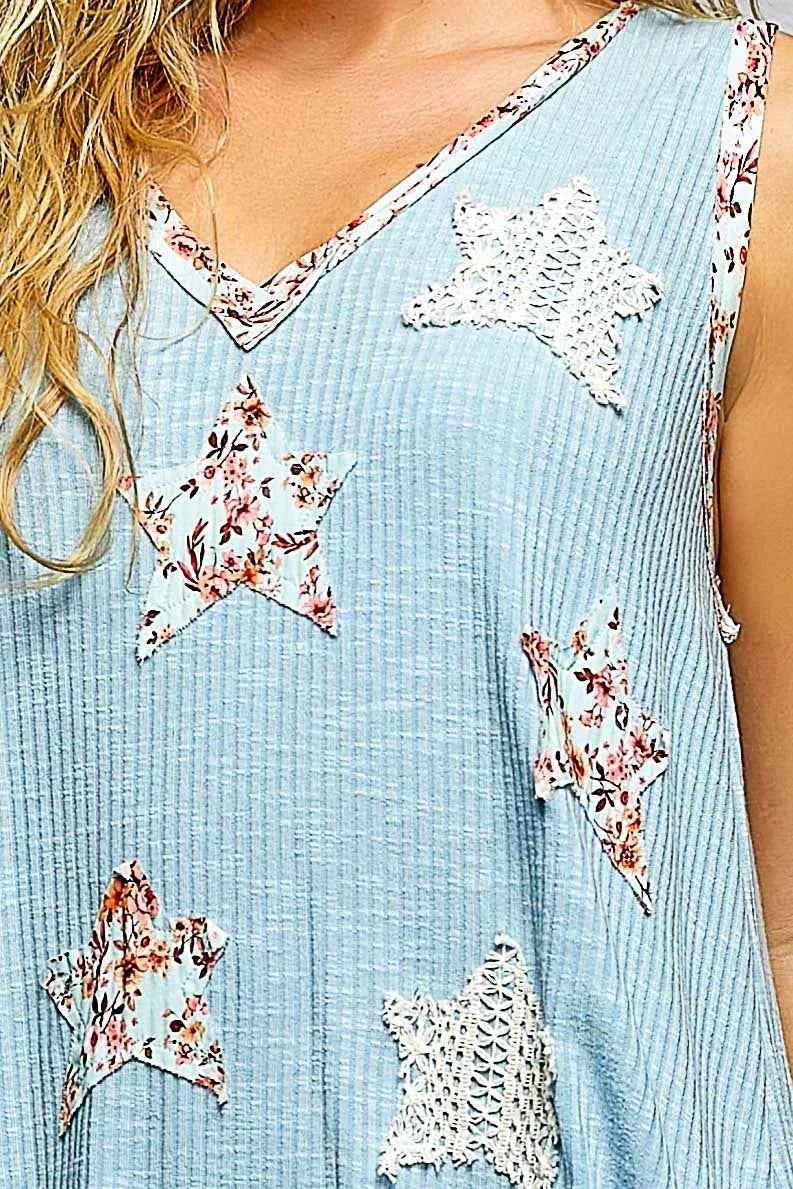 POL Washed Ribbed V-Neck Tank with Floral Print Star Patch