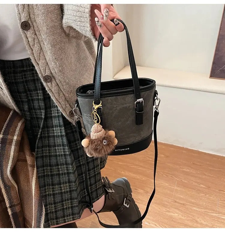 Women's Casual Bucket Crossbody Bag Mini Pu Leather Double Handles Purses
