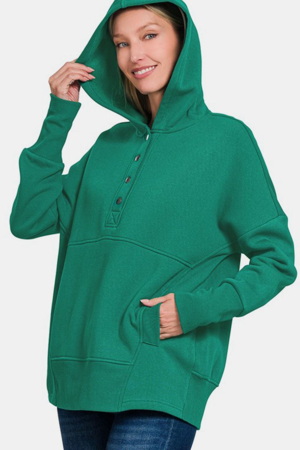 Zenana Hoodie Cotton Blend Green Half Snap Long Sleeve with Kangaroo Pocket 25a1fa99-af15-4cf2-8afd-e7215994b9b4-Max Trendsi