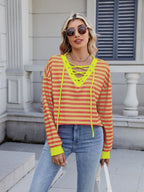 Striped T-Shirt Lace-Up Crisscross V Neck Long Sleeve Blouse Top 25a44bbf-c101-49ec-ab7e-6d2cc1c2e904-Max Trendsi