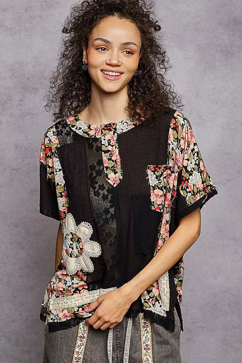 POL Womens T-shirt Black Floral Lace Short Sleeve Top with Patch Detail 25b01c5b-7f88-4a74-b7ac-125a86f3dc94-Max-Origin Trendsi