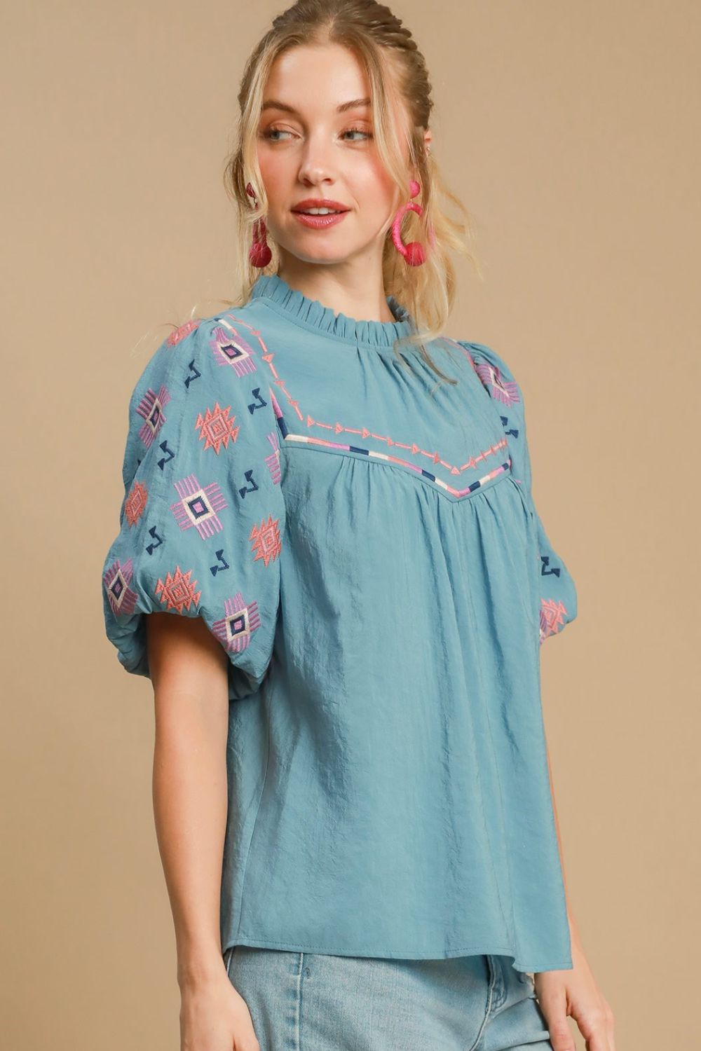 Umgee Blouse Embroidered Puff Short Sleeve Ruffled Mock Neck Top 25b09253-d287-4b34-9e99-31daa0a919ef-Max Trendsi