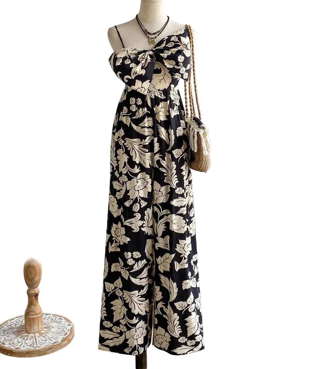 Floral Print Bowknot Wide Leg Jumpsuit