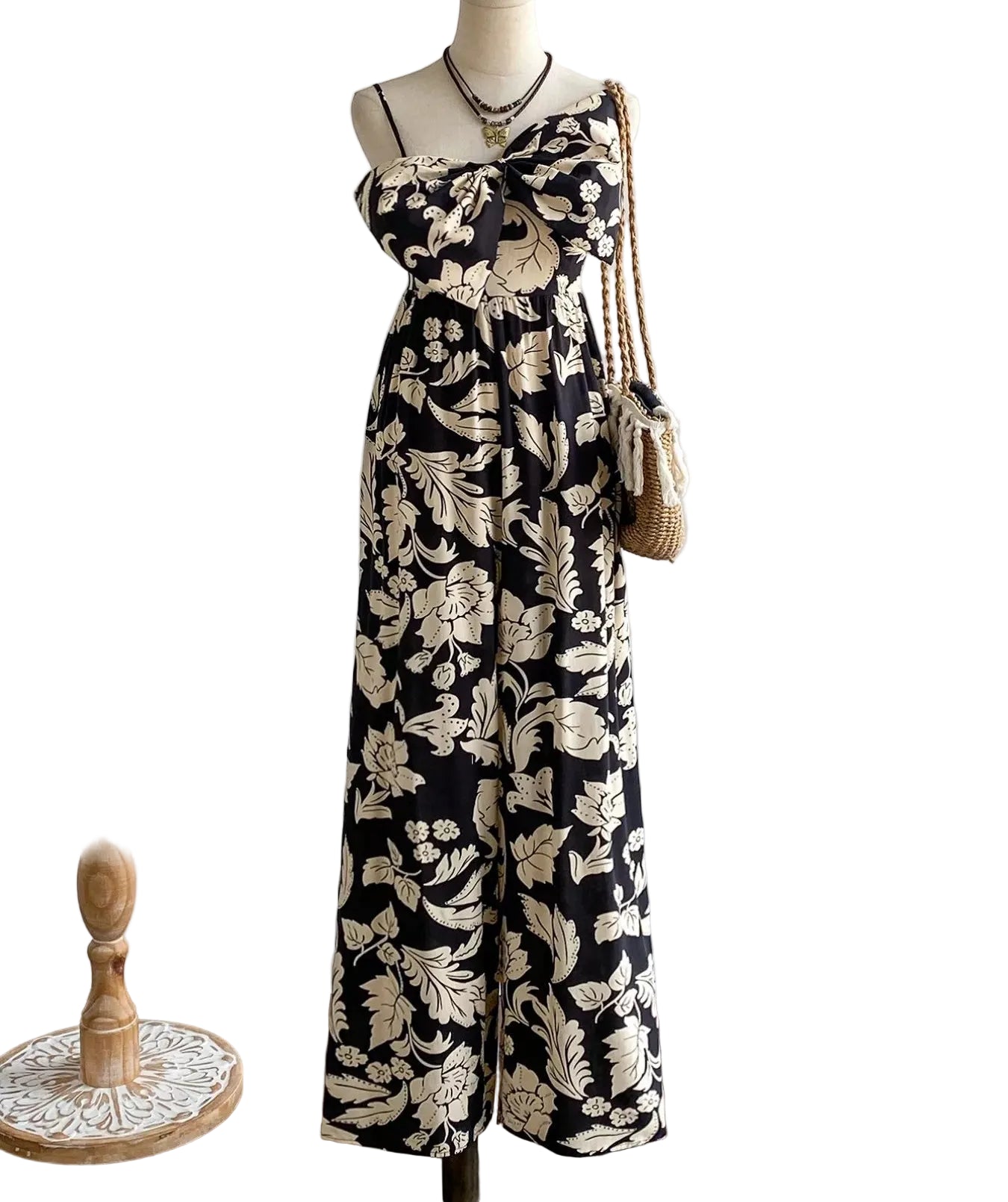 Floral Print Bowknot Wide Leg Jumpsuit