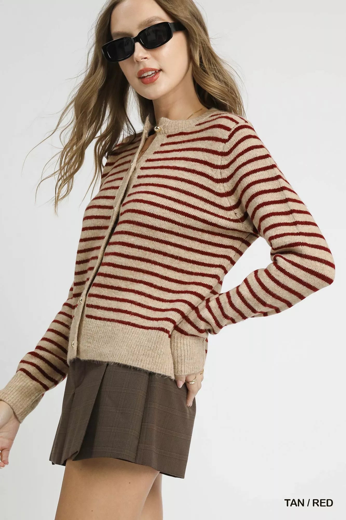 Umgee Women's Cardigan Tan Red Striped Button-Up Knit Sweater 25b7df5a-5e71-4003-adb8-31065d88b9a1-Max-Origin Trendsi
