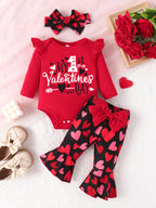 Children's Ruffled Trim Bodysuit and Pants Set with Letter 'R' and Headband