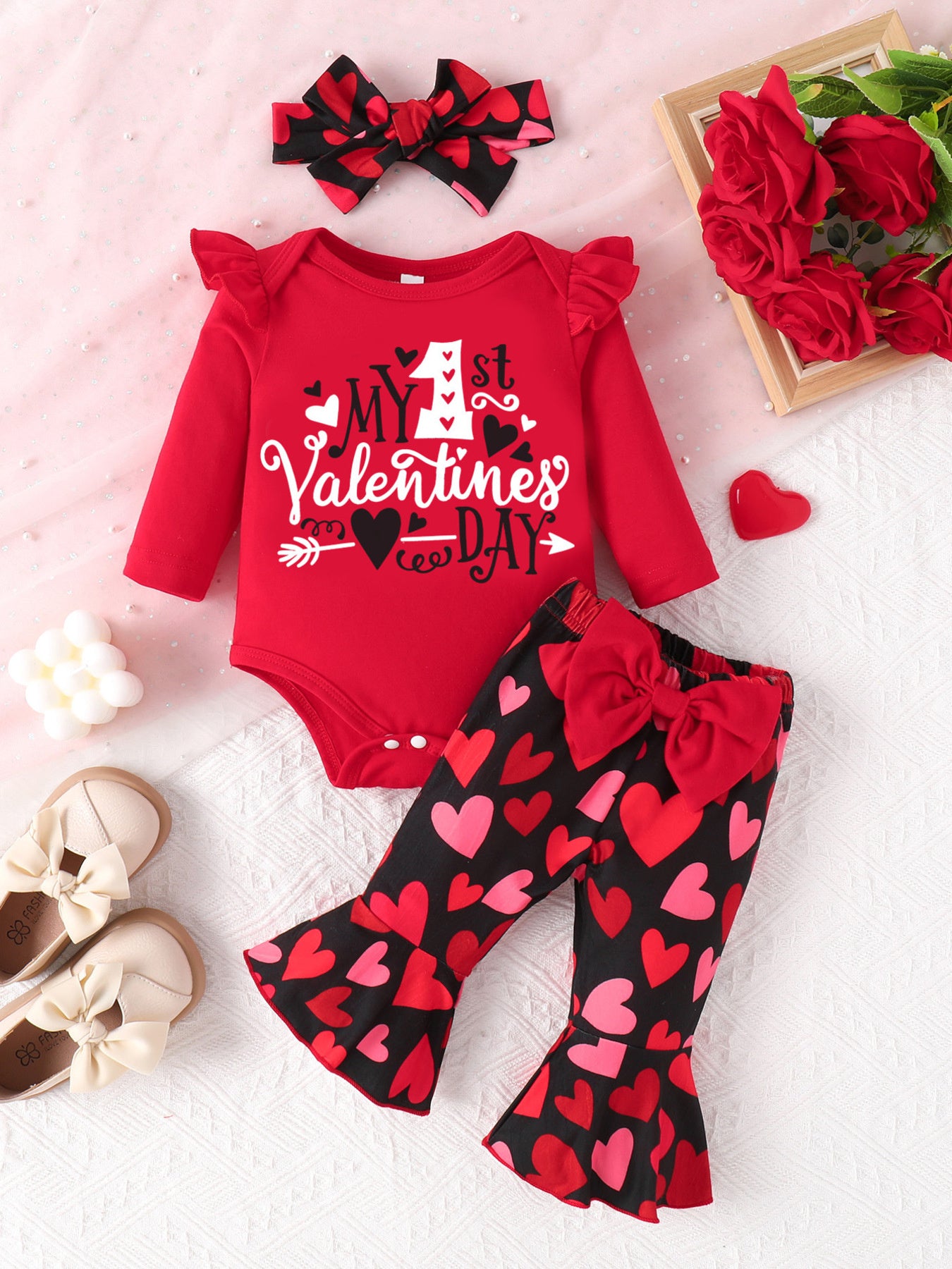 Children's Ruffled Trim Bodysuit and Pants Set with Letter 'R' and Headband