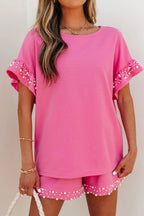 Outfit Set Pink Wpmen's Pearl Ruffled Embellished Top and Shorts Set 25bdecca-6cd5-4c0d-9f95-78ae7a76c093-Max-Origin Trendsi