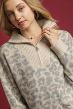 Umgee Leopard Women's Sweater Quarter-Zip Collared Knit Pullover 25cb8bb8-ca74-438d-96c8-0992cd04ac9d-Max-Origin Trendsi