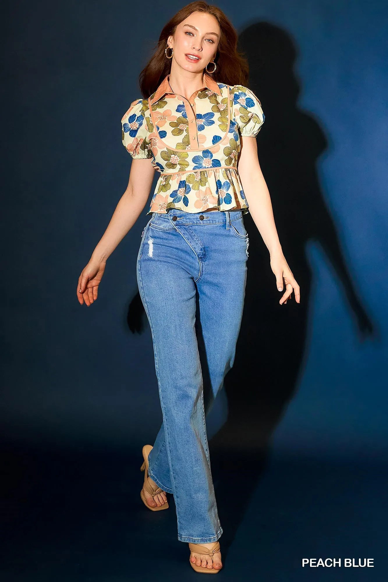 Umgee Cropped Blouse Peach Blue Floral Print Puff Sleeve Buttoned Top PEACH BLUE 25d0a608-dfeb-4238-8752-d4eac42ae876-Max-Origin Trendsi