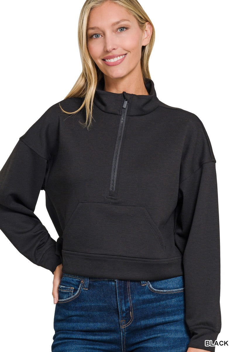 Zenana Scuba Half-Zip Pullover with Kangaroo Pockets