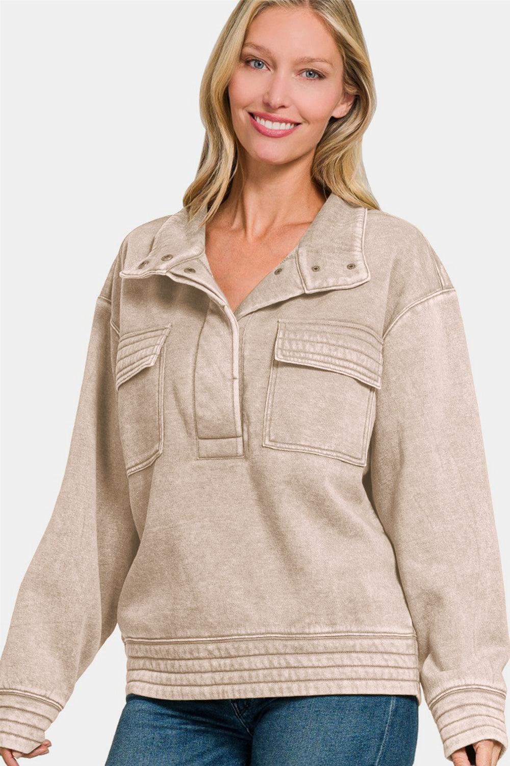 Zenana Sweatshirt USA Stock Mocha Acid Washed Half Snap Fleece Top 25e96574-5834-4075-87e4-ee867d6bfc33-Max Trendsi