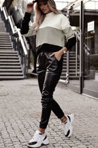 Women Knit Top Striped White Black Color Block Long Sleeve Pullover 25f113b7-7108-4332-80fc-9c334459f3ef-Max Trendsi