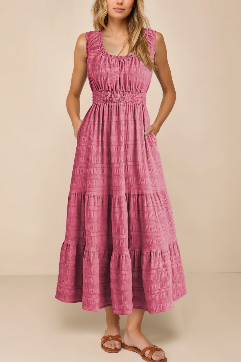 Scoop Neck Wide Strap Midi Dress with Pockets and Smocked Details