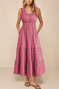 Scoop Neck Wide Strap Midi Dress with Pockets and Smocked Details