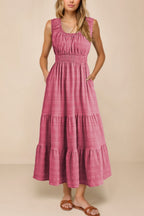 Scoop Neck Wide Strap Midi Dress with Pockets and Smocked Details
