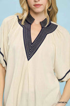 Umgee Linen Blouse Beige Puff Short Sleeve Contrast Trim Top 26006bac-fb48-4f83-a2b6-09efafb32fa4-Max-Origin Trendsi
