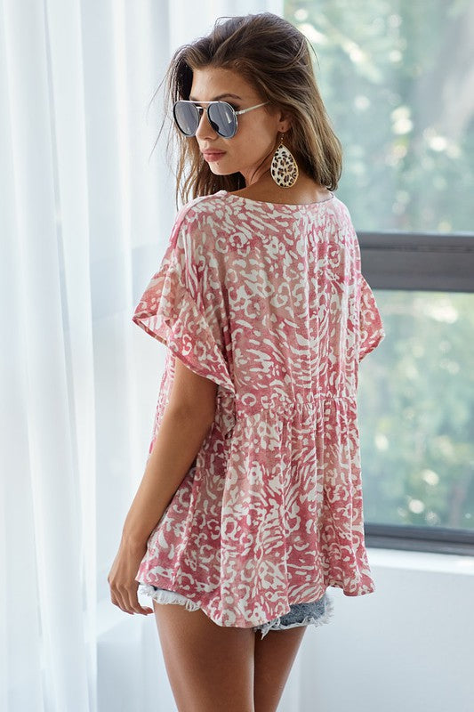 BiBi Blouse Leopard Print Deep Rose Gauze Woven Flutter Short Sleeve Top 261a763d-5505-48aa-bf9d-3c6e6a6b2d3d-Max Trendsi
