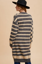 Women's Cardigan Annie Wear Dark Gray Checkered & Striped Open Long Sleeve 261cc9f4-69be-4c3a-bca6-5b750010a7a8-Max Trendsi