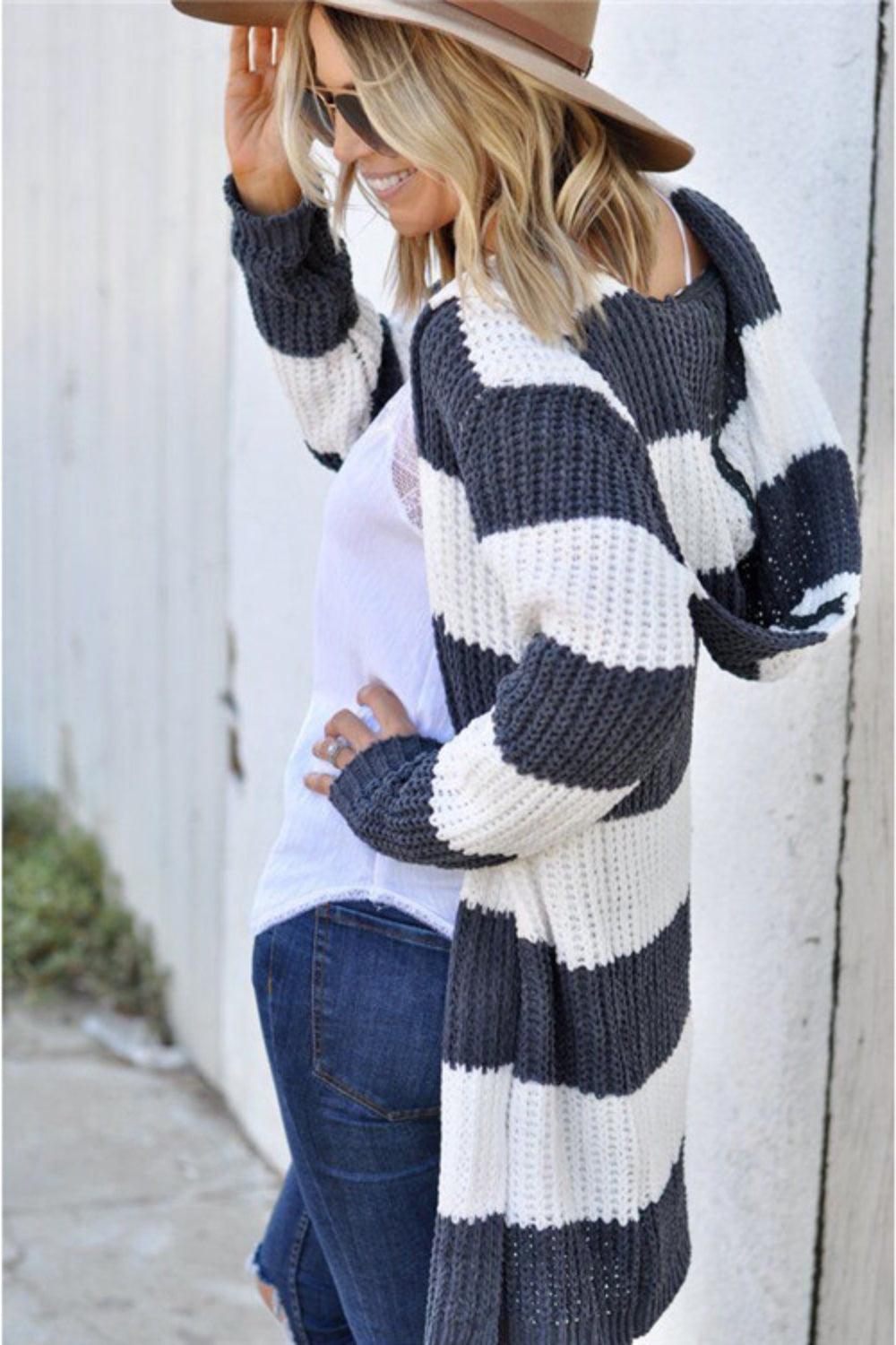 Cardigan Striped Contrast Stripes Open Front Long Sleeve Knitwear 26266897-b466-4684-8096-9241ea93e141-Max Trendsi