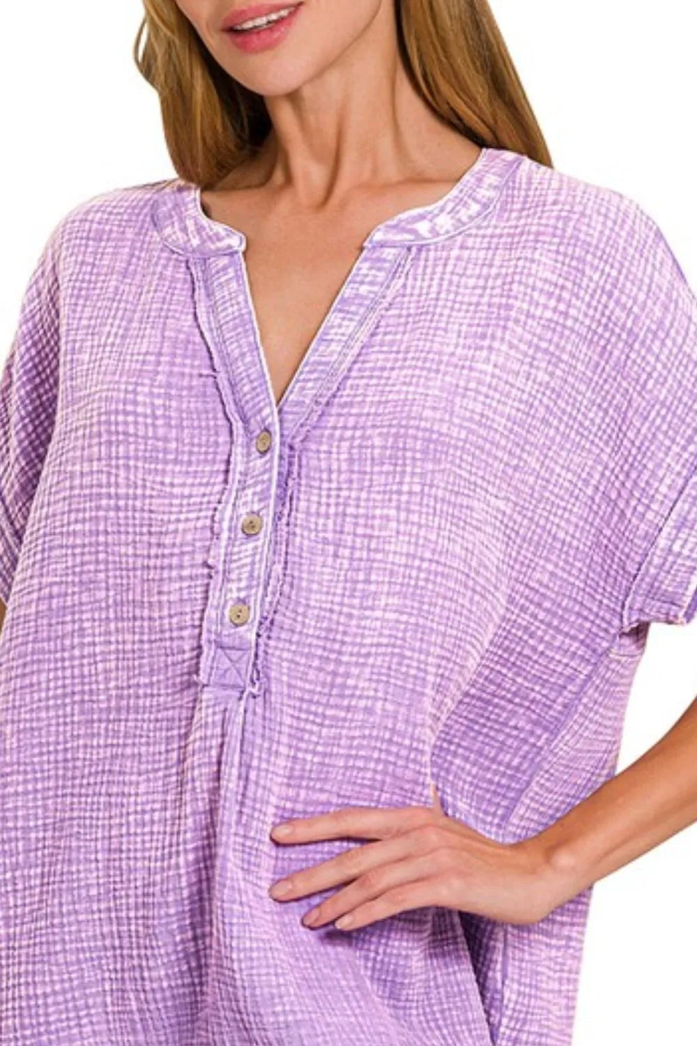 Zenana T-shirt Lavender Washed Double Gauze 3/4 Button Henley Neck Shirt 2627a512-e07c-42b0-9d6d-f00f456009c9-Max-Origin Trendsi