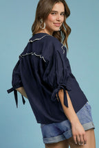 Umgee Shirt Dark Navy Embroidered Detail Bow Tied Short Sleeve Top 262878f8-3352-457e-b35e-6eef6d52eea2-Max Trendsi