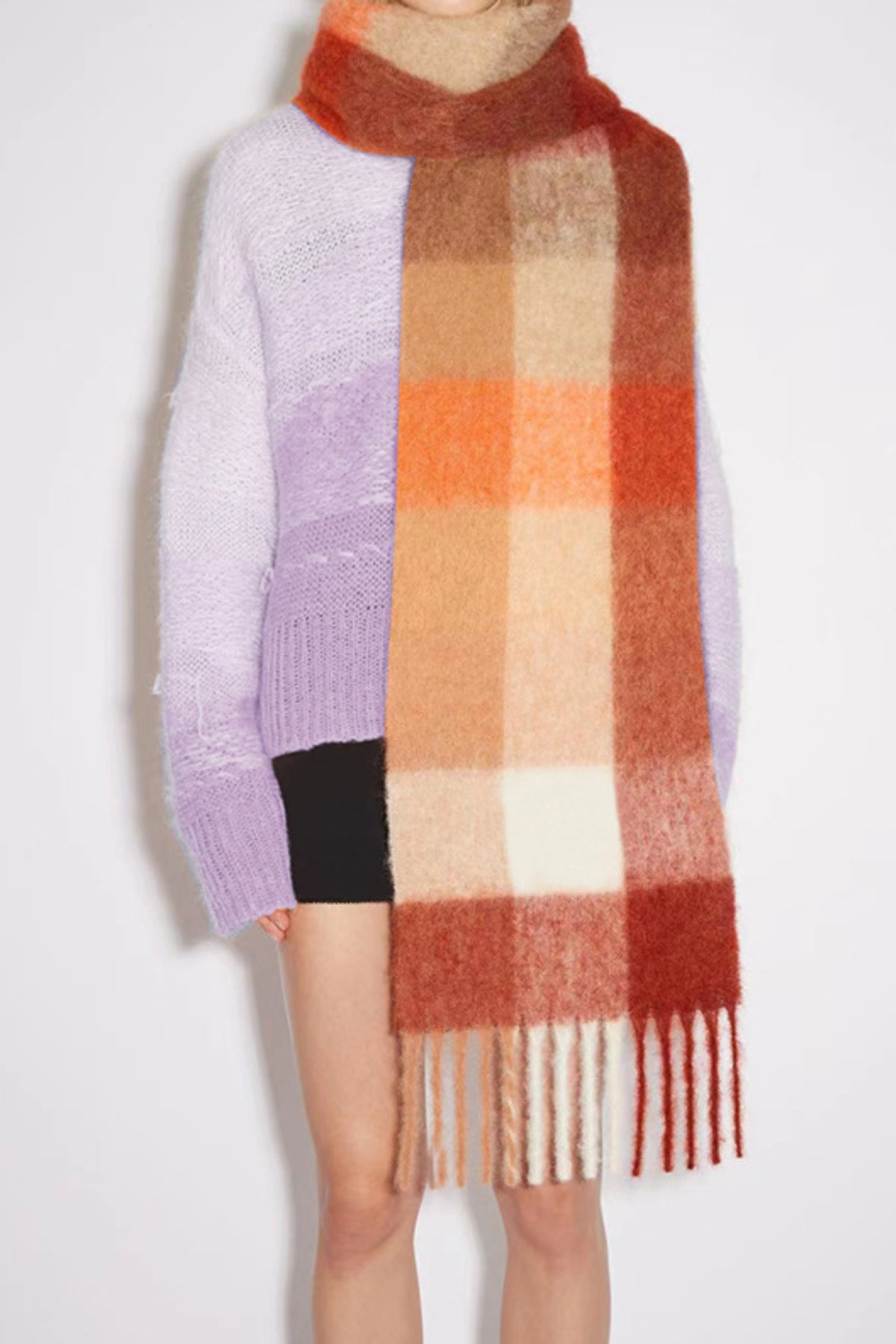 Women Plaid Scarf Thermal Fringe Contrast Tasseled Long Scarves