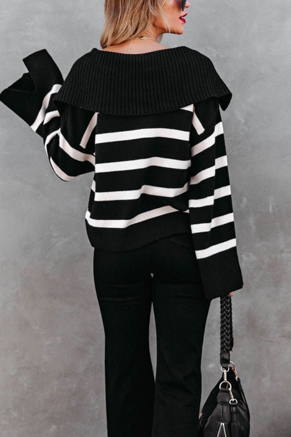 Striped Women Sweater V Neck Oversized Johnny Collar Long Sleeve Pullover