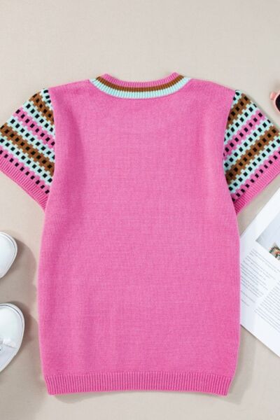 Women Knit Top Fuchsia Pink Contrast Check Short Sleeve Round Neck 263e8fe6-df37-44b9-9324-92a0e1d344dc-Min Trendsi